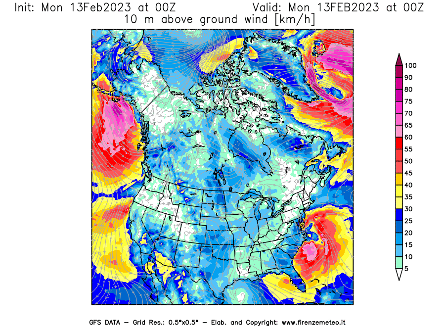Mappa di analisi GFS - Velocità del vento a 10 metri dal suolo [km/h] in Nord-America
							del 13/02/2023 00 <!--googleoff: index-->UTC<!--googleon: index-->