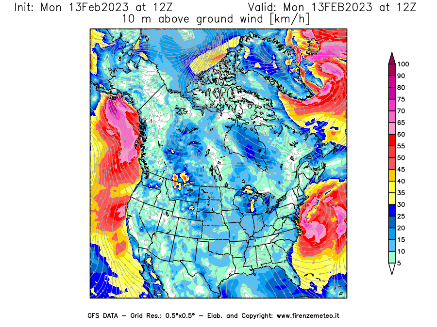 Mappa di analisi GFS - Velocità del vento a 10 metri dal suolo [km/h] in Nord-America
							del 13/02/2023 12 <!--googleoff: index-->UTC<!--googleon: index-->