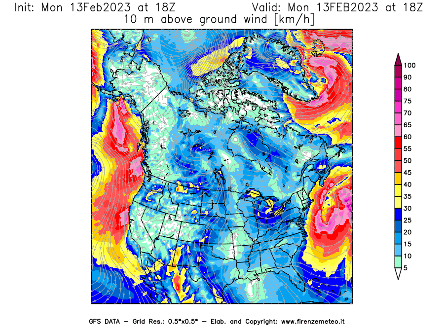 Mappa di analisi GFS - Velocità del vento a 10 metri dal suolo [km/h] in Nord-America
							del 13/02/2023 18 <!--googleoff: index-->UTC<!--googleon: index-->