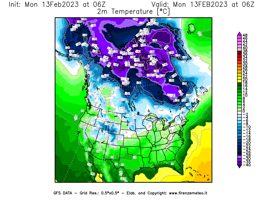 Mappa di analisi GFS - Temperatura a 2 metri dal suolo [°C] in Nord-America
							del 13/02/2023 06 <!--googleoff: index-->UTC<!--googleon: index-->