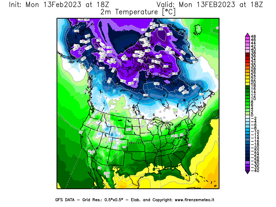 Mappa di analisi GFS - Temperatura a 2 metri dal suolo [°C] in Nord-America
							del 13/02/2023 18 <!--googleoff: index-->UTC<!--googleon: index-->