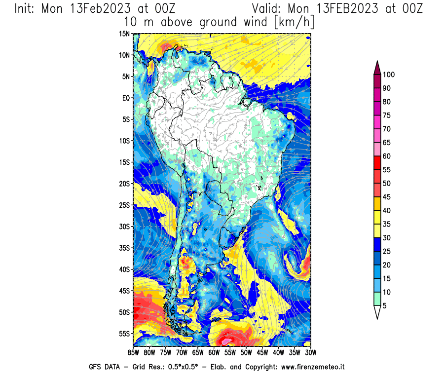 Mappa di analisi GFS - Velocità del vento a 10 metri dal suolo [km/h] in Sud-America
							del 13/02/2023 00 <!--googleoff: index-->UTC<!--googleon: index-->