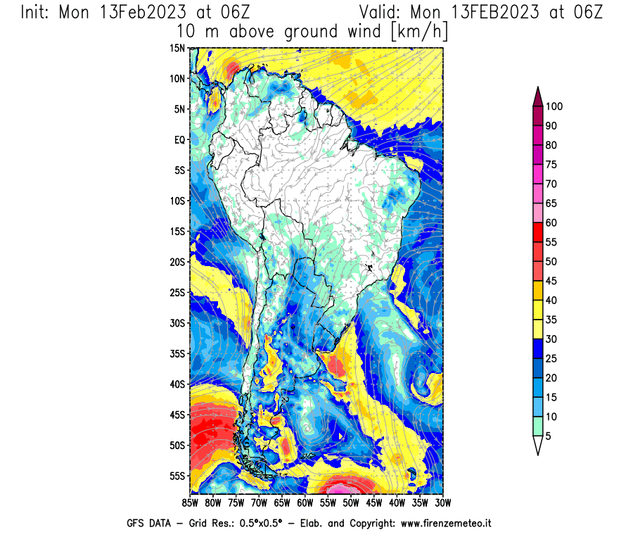 Mappa di analisi GFS - Velocità del vento a 10 metri dal suolo [km/h] in Sud-America
							del 13/02/2023 06 <!--googleoff: index-->UTC<!--googleon: index-->