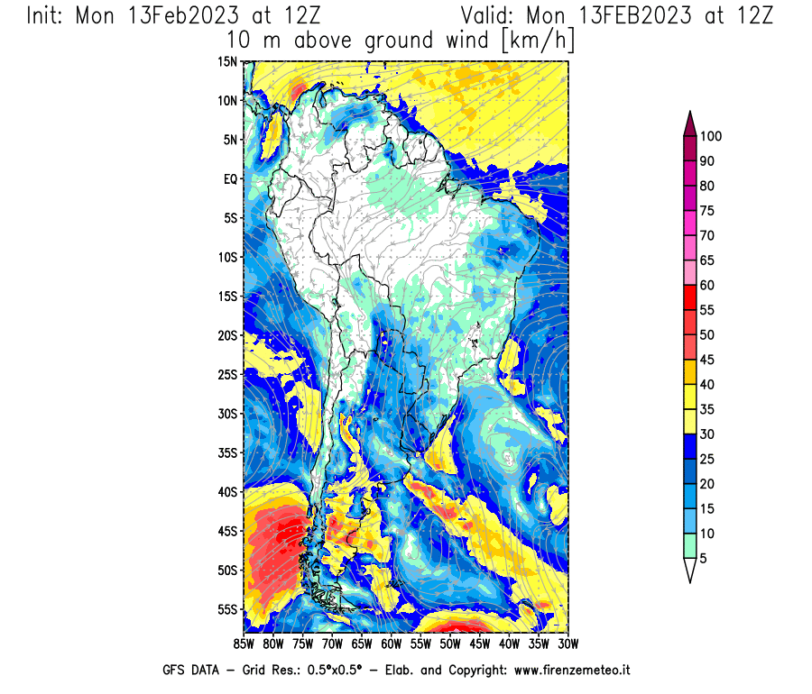 Mappa di analisi GFS - Velocità del vento a 10 metri dal suolo [km/h] in Sud-America
							del 13/02/2023 12 <!--googleoff: index-->UTC<!--googleon: index-->