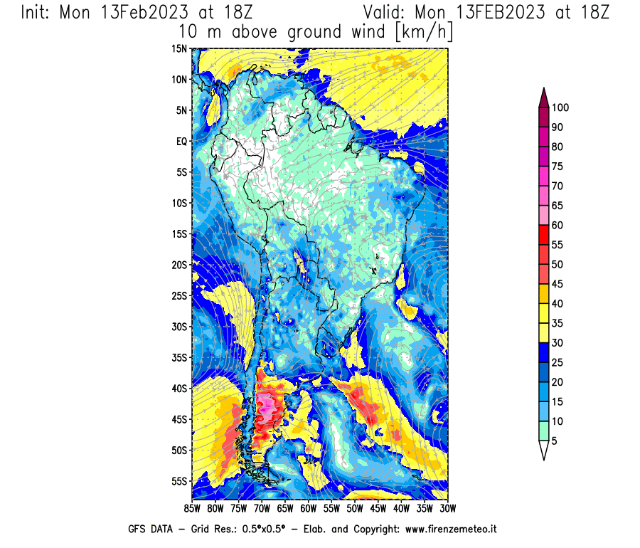 Mappa di analisi GFS - Velocità del vento a 10 metri dal suolo [km/h] in Sud-America
							del 13/02/2023 18 <!--googleoff: index-->UTC<!--googleon: index-->