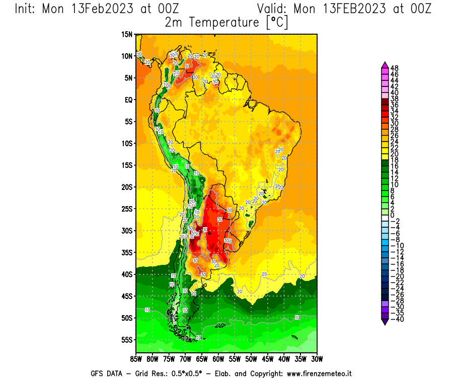 Mappa di analisi GFS - Temperatura a 2 metri dal suolo [°C] in Sud-America
							del 13/02/2023 00 <!--googleoff: index-->UTC<!--googleon: index-->