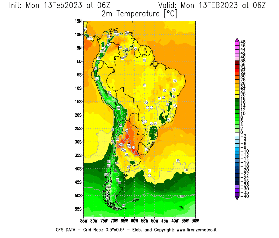 Mappa di analisi GFS - Temperatura a 2 metri dal suolo [°C] in Sud-America
							del 13/02/2023 06 <!--googleoff: index-->UTC<!--googleon: index-->