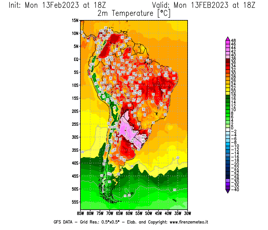 Mappa di analisi GFS - Temperatura a 2 metri dal suolo [°C] in Sud-America
							del 13/02/2023 18 <!--googleoff: index-->UTC<!--googleon: index-->