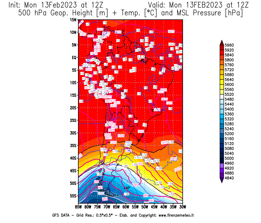 Mappa di analisi GFS - Geopotenziale [m] + Temp. [°C] a 500 hPa + Press. a livello del mare [hPa] in Sud-America
							del 13/02/2023 12 <!--googleoff: index-->UTC<!--googleon: index-->