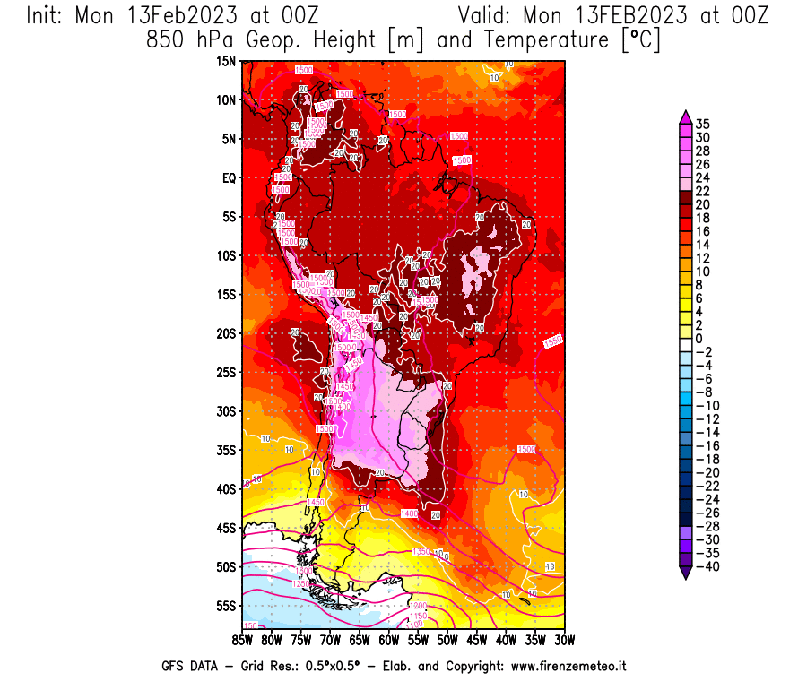 Mappa di analisi GFS - Geopotenziale [m] e Temperatura [°C] a 850 hPa in Sud-America
							del 13/02/2023 00 <!--googleoff: index-->UTC<!--googleon: index-->