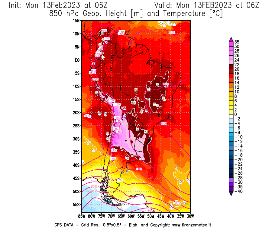 Mappa di analisi GFS - Geopotenziale [m] e Temperatura [°C] a 850 hPa in Sud-America
							del 13/02/2023 06 <!--googleoff: index-->UTC<!--googleon: index-->