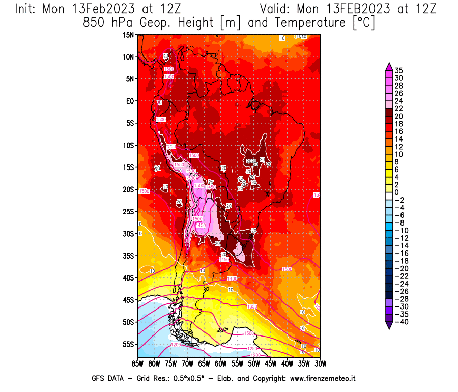 Mappa di analisi GFS - Geopotenziale [m] e Temperatura [°C] a 850 hPa in Sud-America
							del 13/02/2023 12 <!--googleoff: index-->UTC<!--googleon: index-->