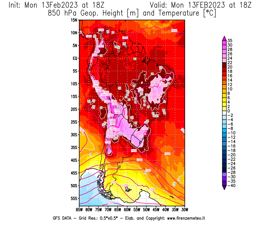Mappa di analisi GFS - Geopotenziale [m] e Temperatura [°C] a 850 hPa in Sud-America
							del 13/02/2023 18 <!--googleoff: index-->UTC<!--googleon: index-->