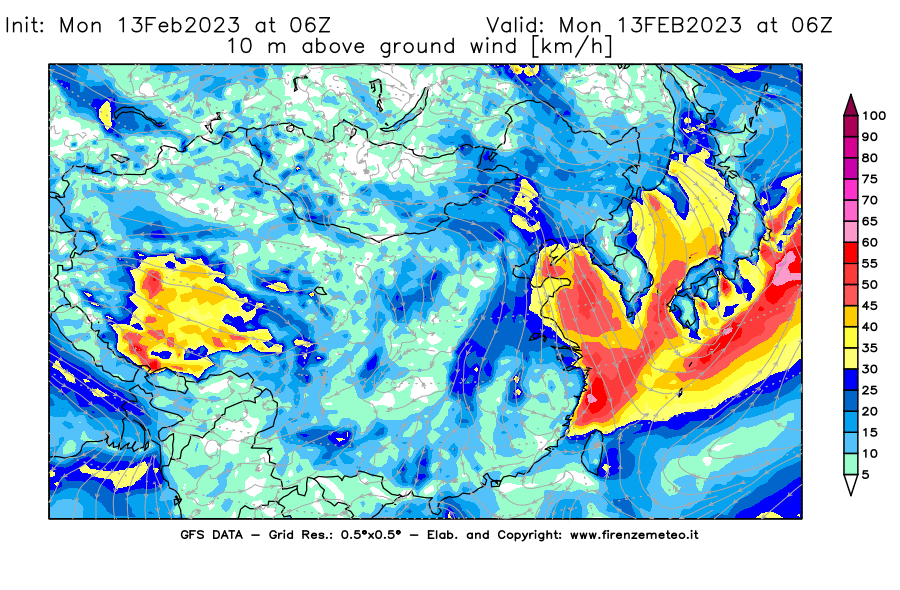 Mappa di analisi GFS - Velocità del vento a 10 metri dal suolo [km/h] in Asia Orientale
							del 13/02/2023 06 <!--googleoff: index-->UTC<!--googleon: index-->