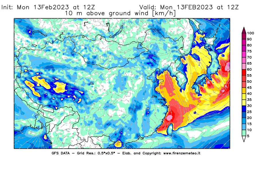 Mappa di analisi GFS - Velocità del vento a 10 metri dal suolo [km/h] in Asia Orientale
							del 13/02/2023 12 <!--googleoff: index-->UTC<!--googleon: index-->