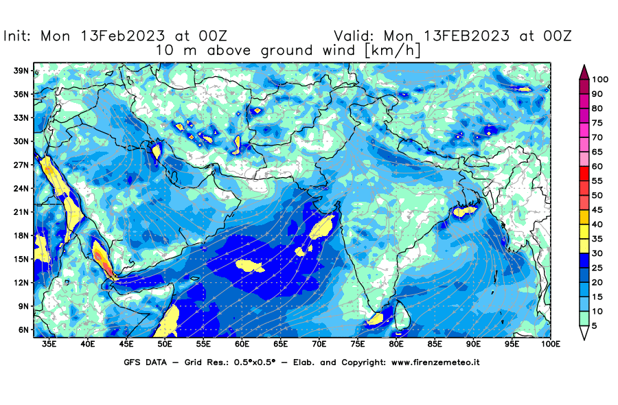 Mappa di analisi GFS - Velocità del vento a 10 metri dal suolo [km/h] in Asia Sud-Occidentale
							del 13/02/2023 00 <!--googleoff: index-->UTC<!--googleon: index-->