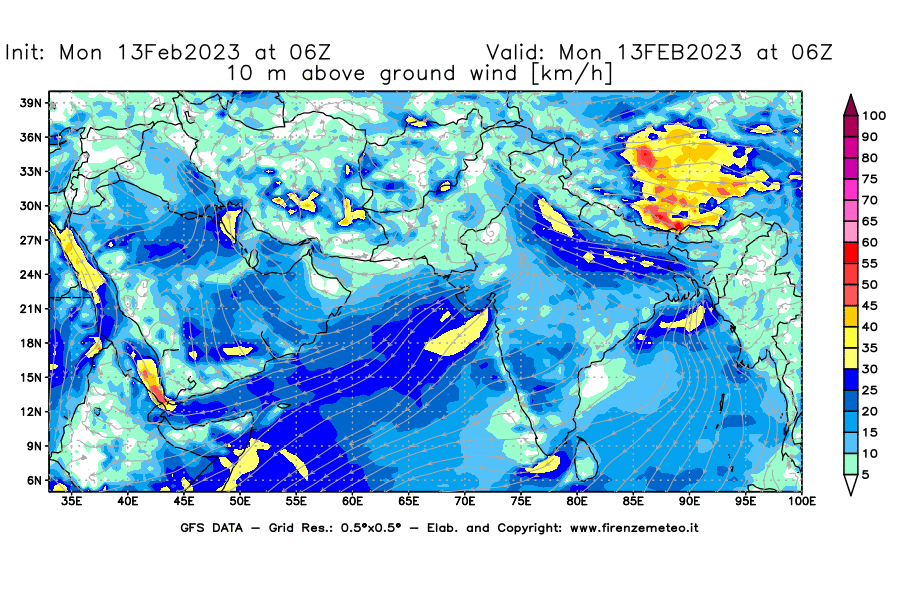 Mappa di analisi GFS - Velocità del vento a 10 metri dal suolo [km/h] in Asia Sud-Occidentale
							del 13/02/2023 06 <!--googleoff: index-->UTC<!--googleon: index-->