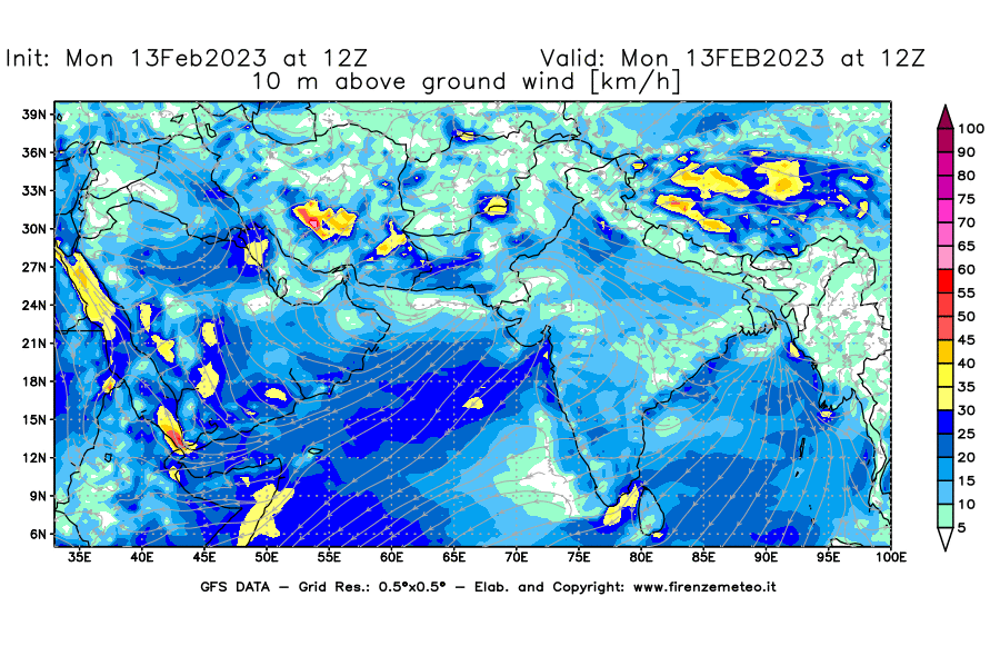 Mappa di analisi GFS - Velocità del vento a 10 metri dal suolo [km/h] in Asia Sud-Occidentale
							del 13/02/2023 12 <!--googleoff: index-->UTC<!--googleon: index-->