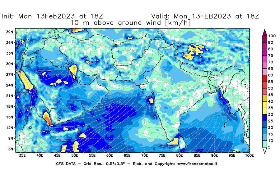 Mappa di analisi GFS - Velocità del vento a 10 metri dal suolo [km/h] in Asia Sud-Occidentale
							del 13/02/2023 18 <!--googleoff: index-->UTC<!--googleon: index-->