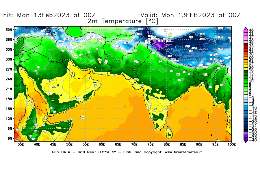 Mappa di analisi GFS - Temperatura a 2 metri dal suolo [°C] in Asia Sud-Occidentale
							del 13/02/2023 00 <!--googleoff: index-->UTC<!--googleon: index-->