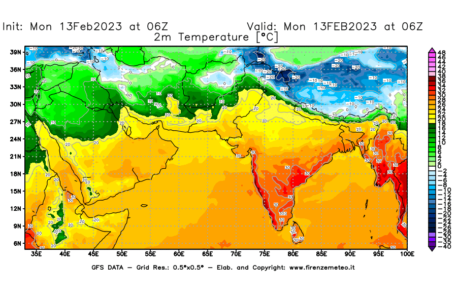 Mappa di analisi GFS - Temperatura a 2 metri dal suolo [°C] in Asia Sud-Occidentale
							del 13/02/2023 06 <!--googleoff: index-->UTC<!--googleon: index-->