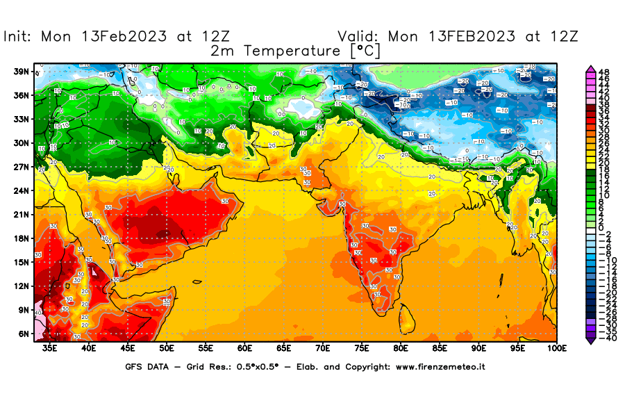Mappa di analisi GFS - Temperatura a 2 metri dal suolo [°C] in Asia Sud-Occidentale
							del 13/02/2023 12 <!--googleoff: index-->UTC<!--googleon: index-->
