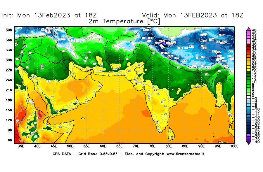 Mappa di analisi GFS - Temperatura a 2 metri dal suolo [°C] in Asia Sud-Occidentale
							del 13/02/2023 18 <!--googleoff: index-->UTC<!--googleon: index-->