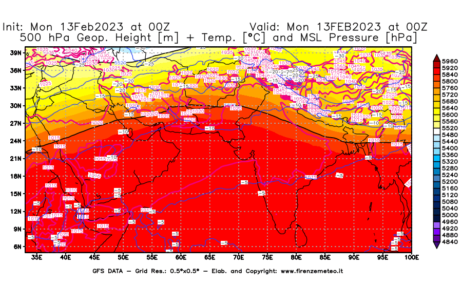 Mappa di analisi GFS - Geopotenziale [m] + Temp. [°C] a 500 hPa + Press. a livello del mare [hPa] in Asia Sud-Occidentale
							del 13/02/2023 00 <!--googleoff: index-->UTC<!--googleon: index-->
