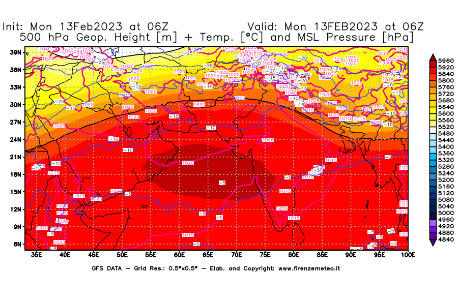 Mappa di analisi GFS - Geopotenziale [m] + Temp. [°C] a 500 hPa + Press. a livello del mare [hPa] in Asia Sud-Occidentale
							del 13/02/2023 06 <!--googleoff: index-->UTC<!--googleon: index-->