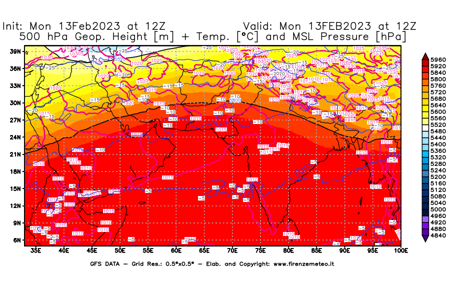Mappa di analisi GFS - Geopotenziale [m] + Temp. [°C] a 500 hPa + Press. a livello del mare [hPa] in Asia Sud-Occidentale
							del 13/02/2023 12 <!--googleoff: index-->UTC<!--googleon: index-->