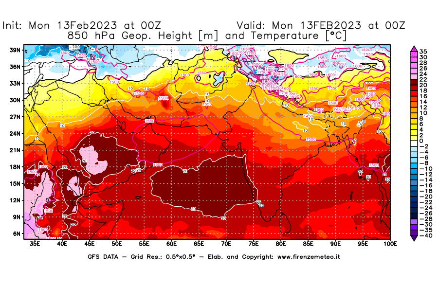 Mappa di analisi GFS - Geopotenziale [m] e Temperatura [°C] a 850 hPa in Asia Sud-Occidentale
							del 13/02/2023 00 <!--googleoff: index-->UTC<!--googleon: index-->