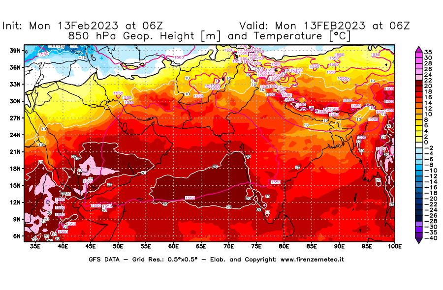 Mappa di analisi GFS - Geopotenziale [m] e Temperatura [°C] a 850 hPa in Asia Sud-Occidentale
							del 13/02/2023 06 <!--googleoff: index-->UTC<!--googleon: index-->
