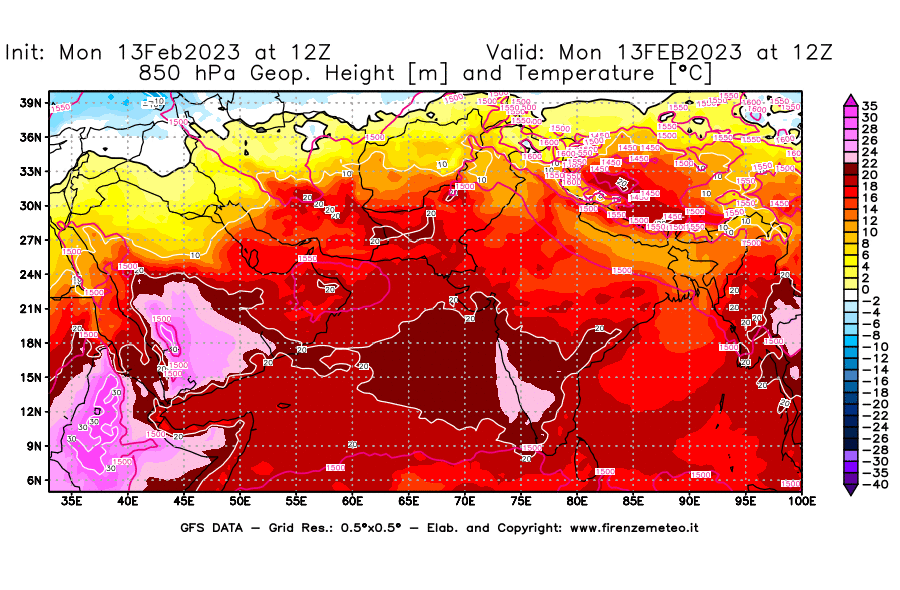 Mappa di analisi GFS - Geopotenziale [m] e Temperatura [°C] a 850 hPa in Asia Sud-Occidentale
							del 13/02/2023 12 <!--googleoff: index-->UTC<!--googleon: index-->