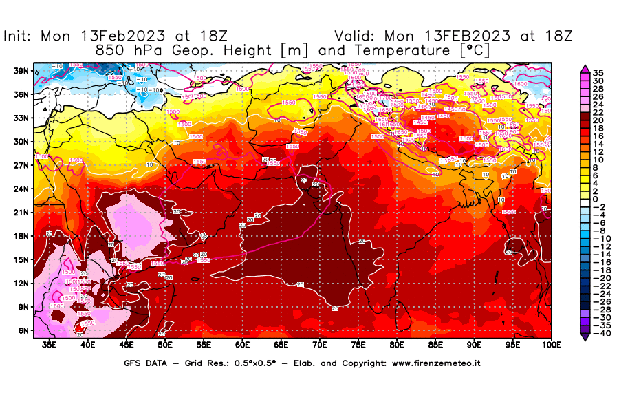 Mappa di analisi GFS - Geopotenziale [m] e Temperatura [°C] a 850 hPa in Asia Sud-Occidentale
							del 13/02/2023 18 <!--googleoff: index-->UTC<!--googleon: index-->