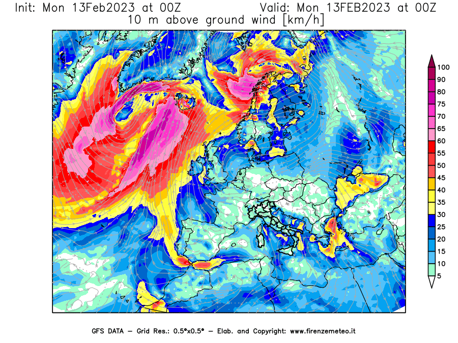 Mappa di analisi GFS - Velocità del vento a 10 metri dal suolo [km/h] in Europa
							del 13/02/2023 00 <!--googleoff: index-->UTC<!--googleon: index-->