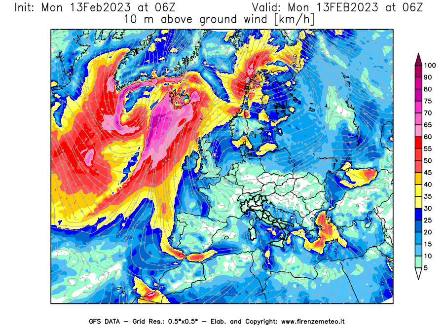 Mappa di analisi GFS - Velocità del vento a 10 metri dal suolo [km/h] in Europa
							del 13/02/2023 06 <!--googleoff: index-->UTC<!--googleon: index-->
