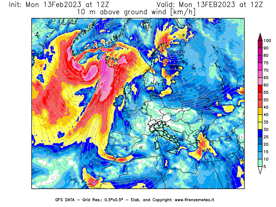 Mappa di analisi GFS - Velocità del vento a 10 metri dal suolo [km/h] in Europa
							del 13/02/2023 12 <!--googleoff: index-->UTC<!--googleon: index-->
