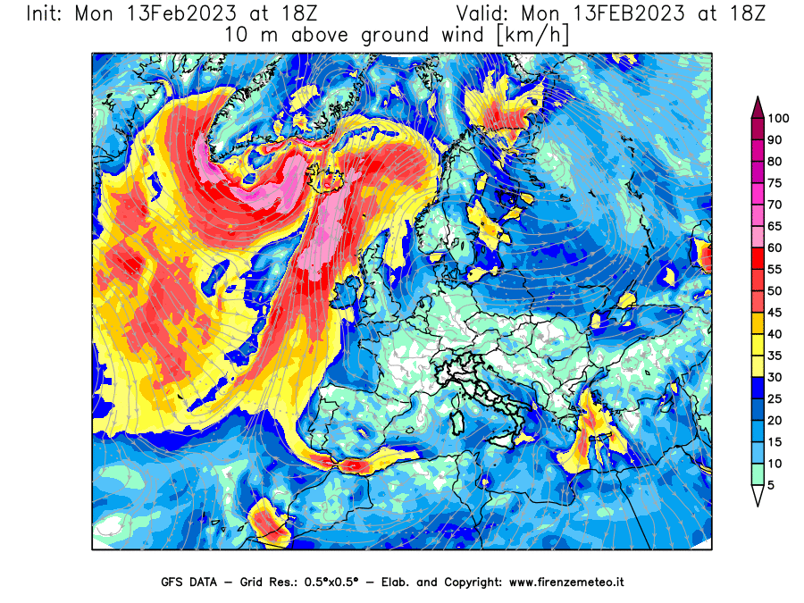 Mappa di analisi GFS - Velocità del vento a 10 metri dal suolo [km/h] in Europa
							del 13/02/2023 18 <!--googleoff: index-->UTC<!--googleon: index-->
