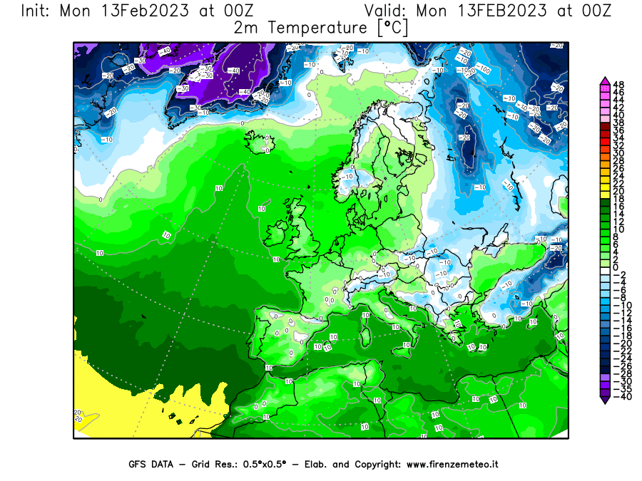 Mappa di analisi GFS - Temperatura a 2 metri dal suolo [°C] in Europa
							del 13/02/2023 00 <!--googleoff: index-->UTC<!--googleon: index-->