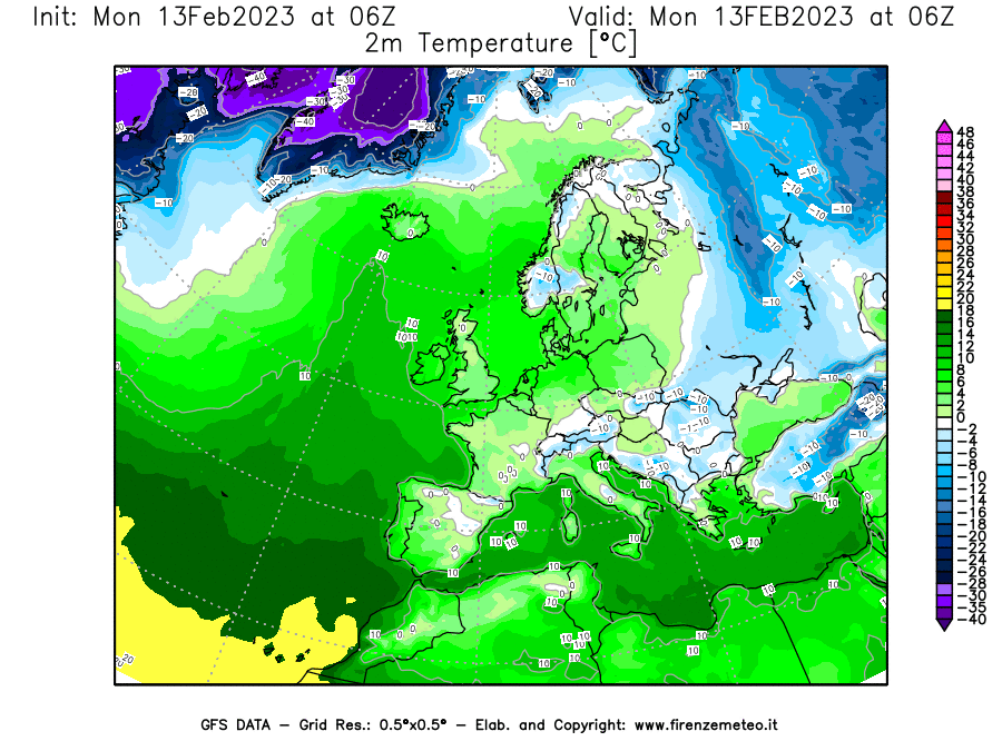 Mappa di analisi GFS - Temperatura a 2 metri dal suolo [°C] in Europa
							del 13/02/2023 06 <!--googleoff: index-->UTC<!--googleon: index-->