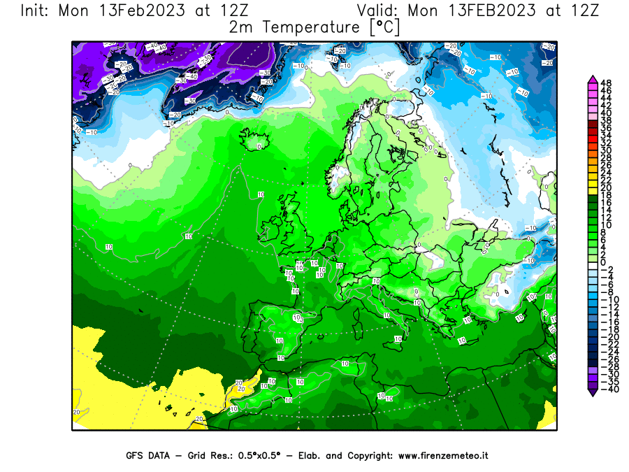 Mappa di analisi GFS - Temperatura a 2 metri dal suolo [°C] in Europa
							del 13/02/2023 12 <!--googleoff: index-->UTC<!--googleon: index-->
