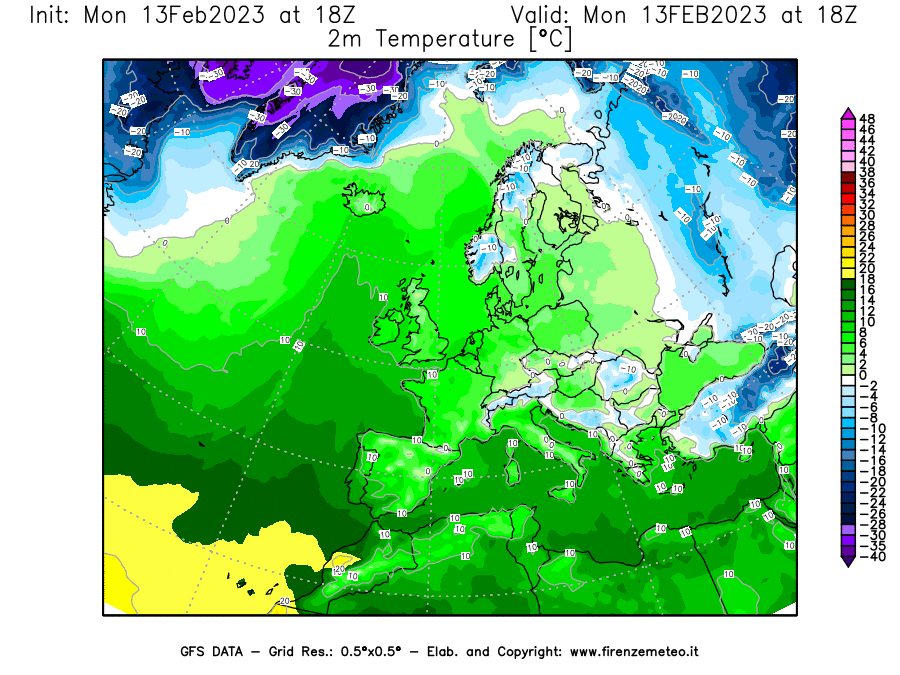 Mappa di analisi GFS - Temperatura a 2 metri dal suolo [°C] in Europa
							del 13/02/2023 18 <!--googleoff: index-->UTC<!--googleon: index-->