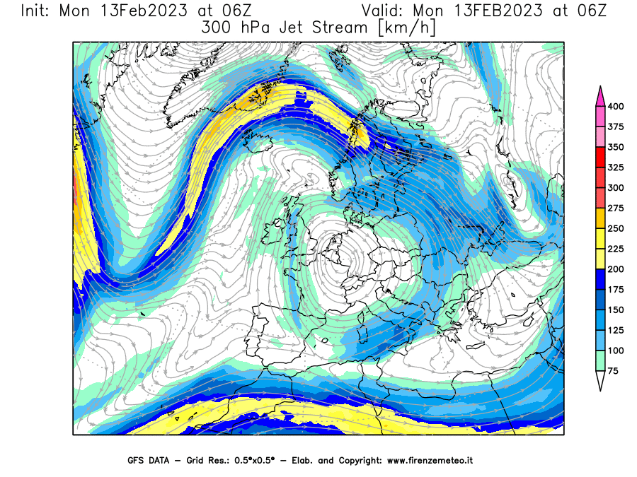 Mappa di analisi GFS - Jet Stream a 300 hPa in Europa
							del 13/02/2023 06 <!--googleoff: index-->UTC<!--googleon: index-->