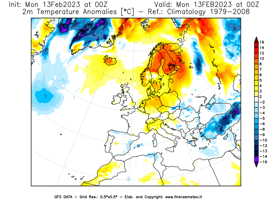 Mappa di analisi GFS - Anomalia Temperatura [°C] a 2 m in Europa
							del 13/02/2023 00 <!--googleoff: index-->UTC<!--googleon: index-->