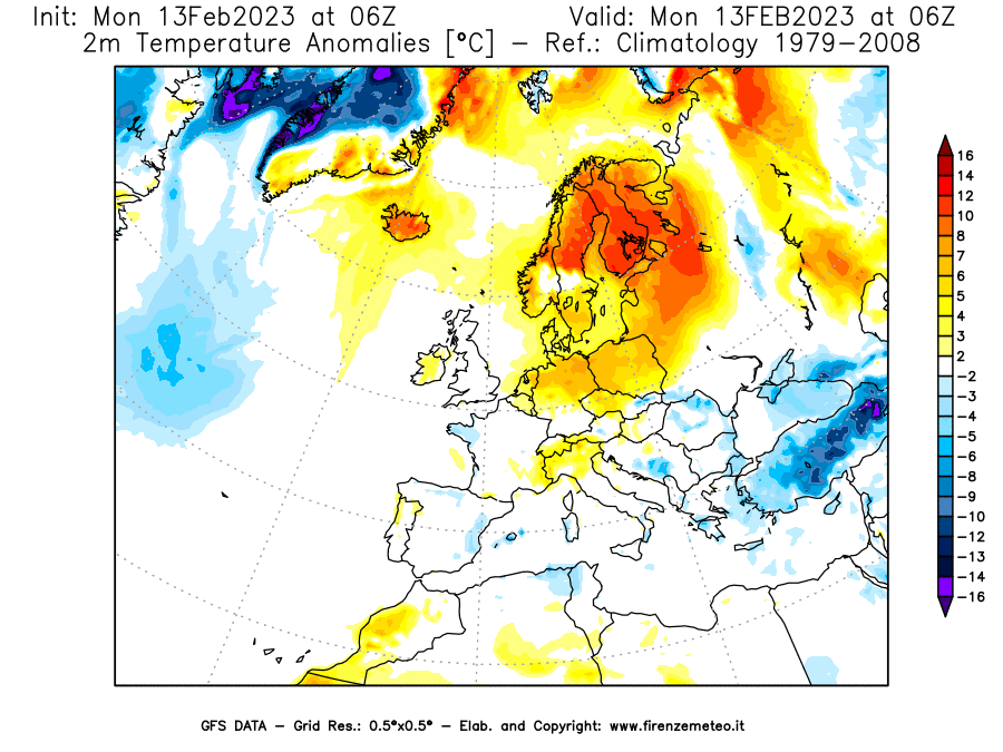 Mappa di analisi GFS - Anomalia Temperatura [°C] a 2 m in Europa
							del 13/02/2023 06 <!--googleoff: index-->UTC<!--googleon: index-->