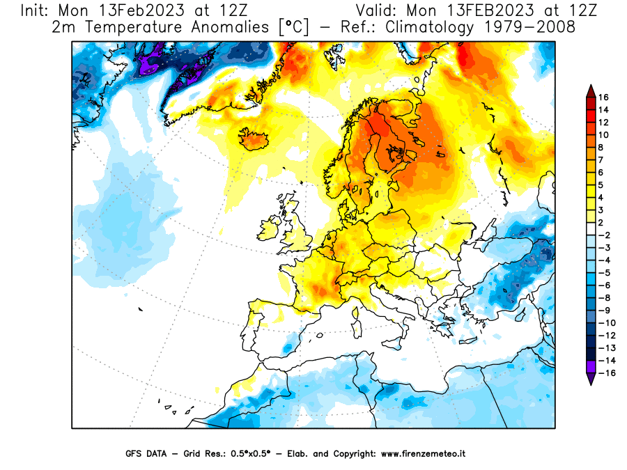 Mappa di analisi GFS - Anomalia Temperatura [°C] a 2 m in Europa
							del 13/02/2023 12 <!--googleoff: index-->UTC<!--googleon: index-->