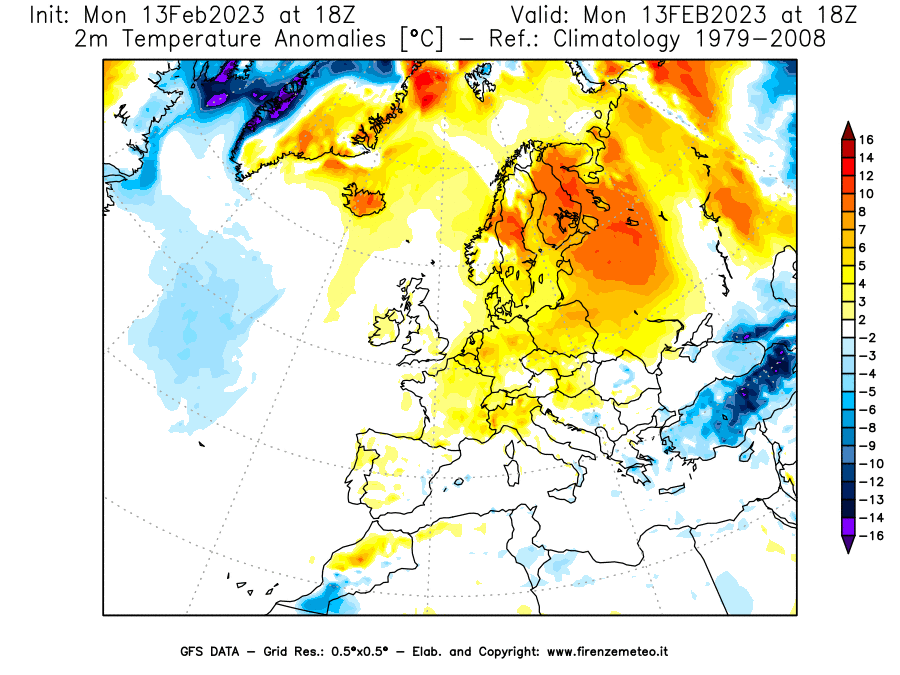 Mappa di analisi GFS - Anomalia Temperatura [°C] a 2 m in Europa
							del 13/02/2023 18 <!--googleoff: index-->UTC<!--googleon: index-->