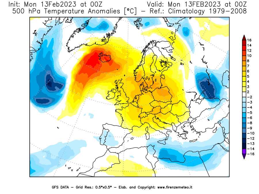 Mappa di analisi GFS - Anomalia Temperatura [°C] a 500 hPa in Europa
							del 13/02/2023 00 <!--googleoff: index-->UTC<!--googleon: index-->