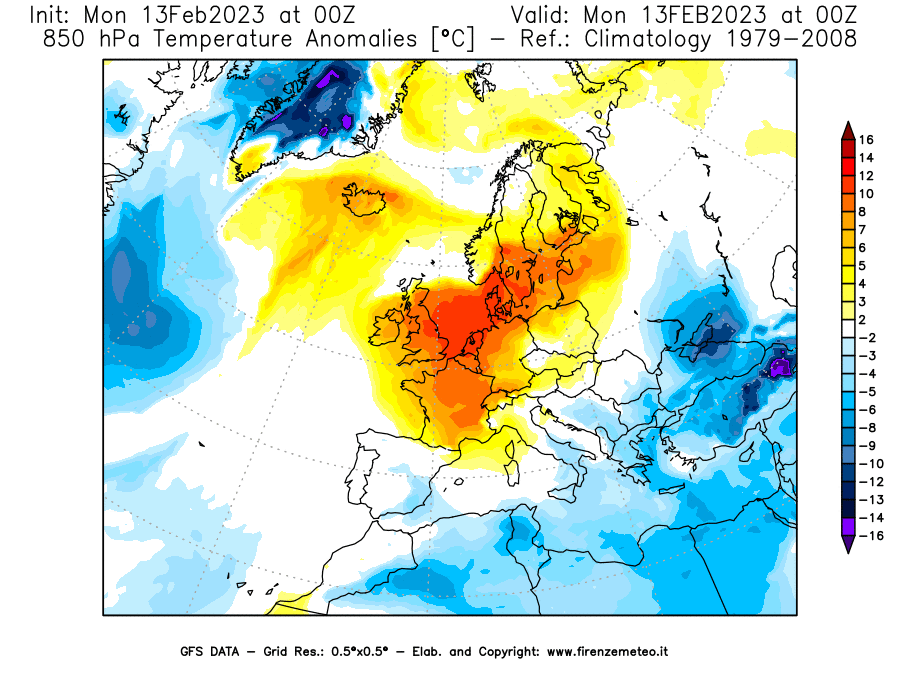Mappa di analisi GFS - Anomalia Temperatura [°C] a 850 hPa in Europa
							del 13/02/2023 00 <!--googleoff: index-->UTC<!--googleon: index-->