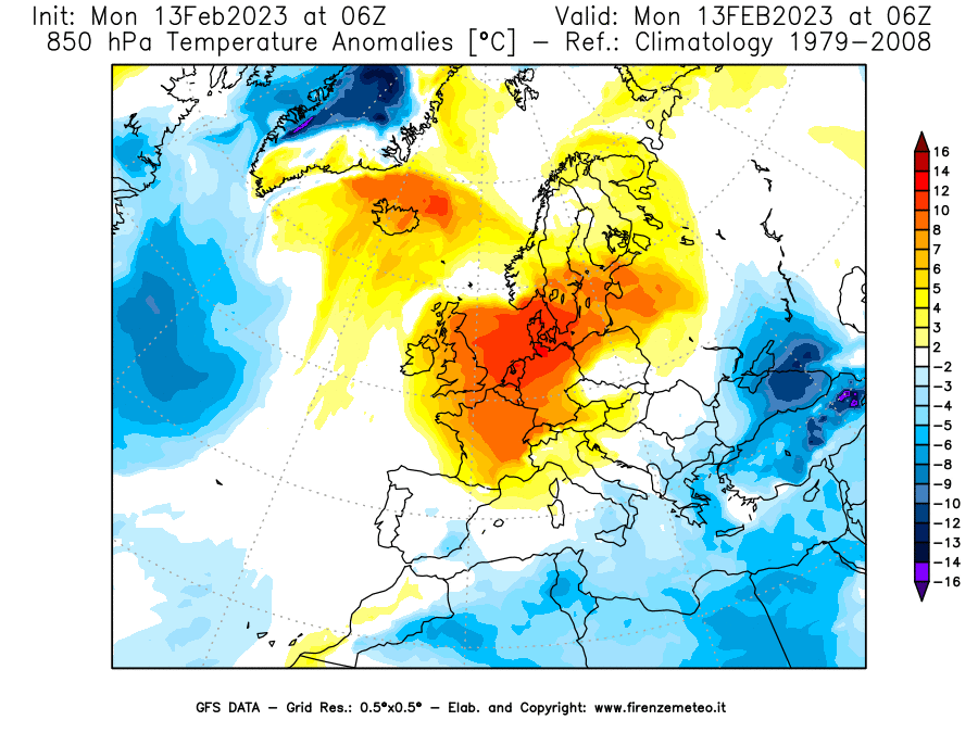 Mappa di analisi GFS - Anomalia Temperatura [°C] a 850 hPa in Europa
							del 13/02/2023 06 <!--googleoff: index-->UTC<!--googleon: index-->